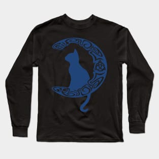 Blue Carved Celtic Moon Cat Triquetra Long Sleeve T-Shirt